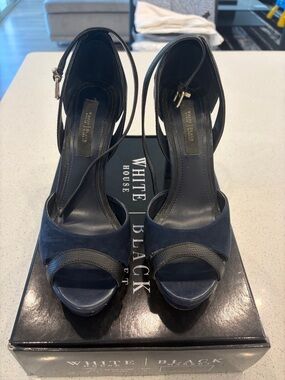 White House Black Market Navy Suede Open-Toe Ankle-Strap Heels